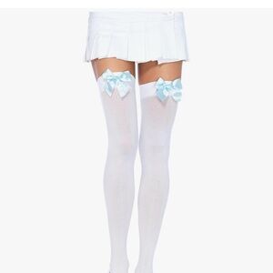 Leg Avenue White Thigh-High Stockings with Blue Bows
